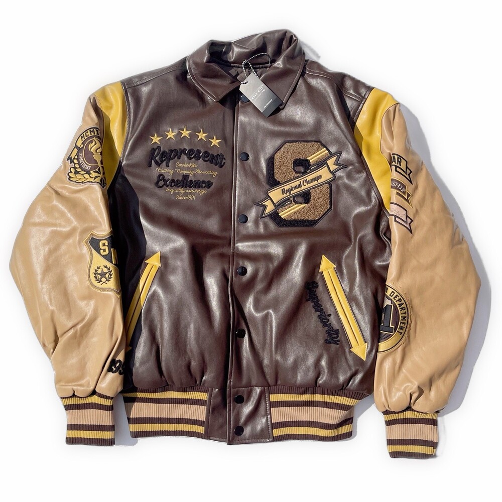 Smoke Rise Men’s Vegan Leather Varsity Jacket Brown Tan Size Medium